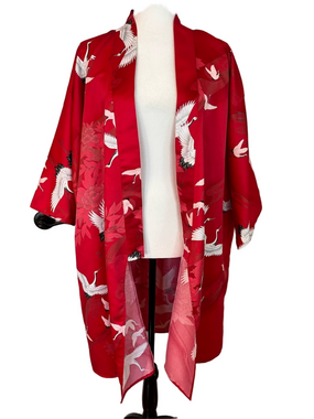 Vintage Red Satin Japanese Kimono Robe White Crane Print Made In Japan